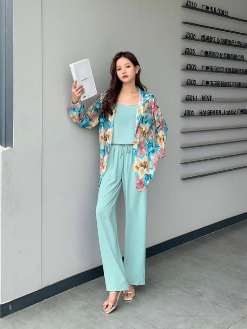 Summer Floral Shirts With Tang Tops and Trousers sets
